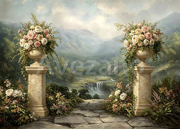 Avezano Mountain Waterfall Floral Photography Backdrop