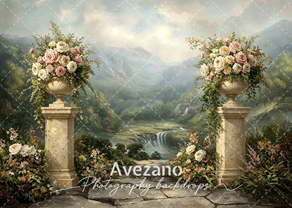 VIP Avezano Mountain Waterfall Floral Pillar Photography Backdrop