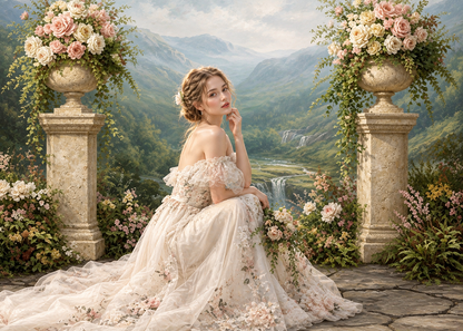 Avezano Mountain Waterfall Floral Photography Backdrop