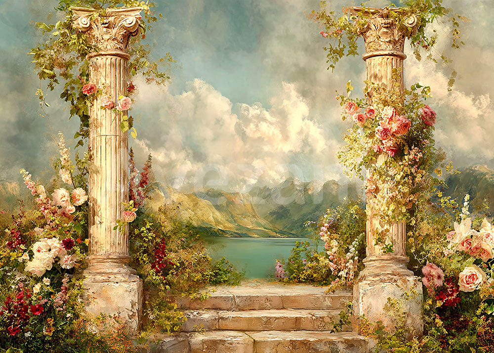 Avezano Lake View Roman Column Photography Backdrop