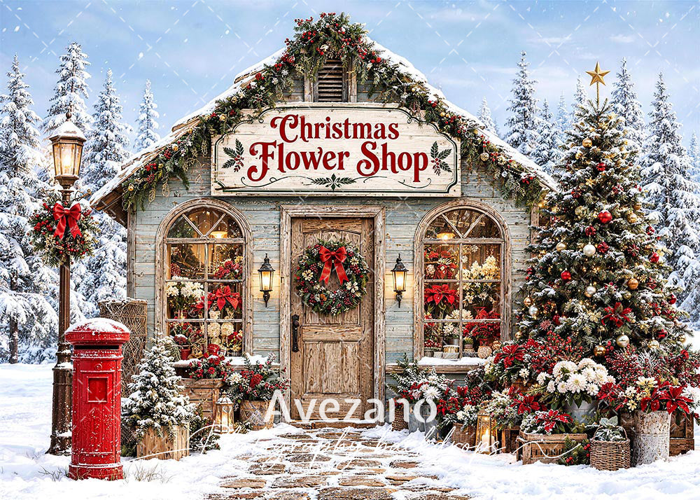 Avezano Snowy Christmas Flower Shop Photography Backdrop