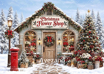 Avezano Snowy Christmas Flower Shop Photography Backdrop