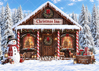 Avezano Snowman Christmas Inn Cabin Photography Backdrop