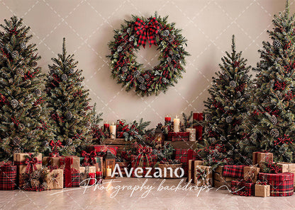 Avezano Plaid Wreath Christmas Indoor Scene Photography Backdrop
