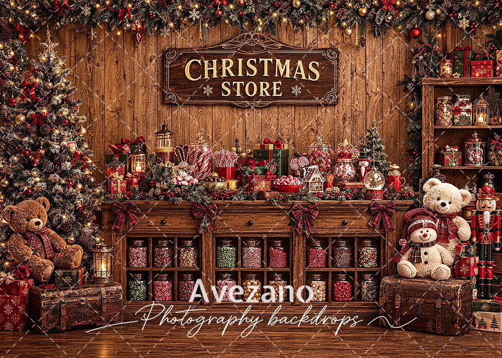 Avezano Wooden Christmas Candy Store Photography Backdrop