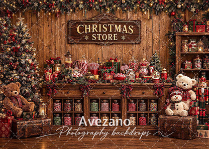 Avezano Wooden Christmas Candy Store Photography Backdrop