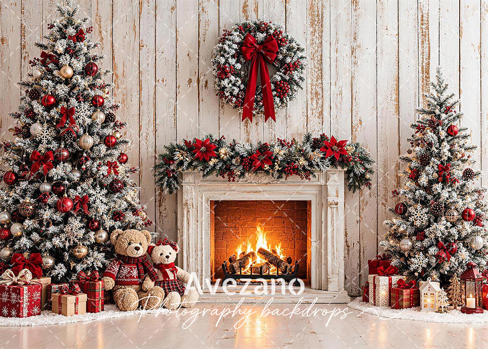 Avezano White Fireplace Teddy Christmas Photography Backdrop