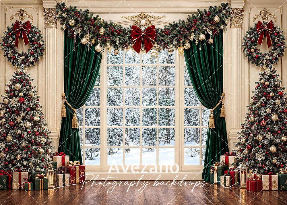 Avezano Green Curtain Christmas Window Photography Backdrop