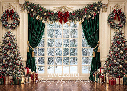 Avezano Green Curtain Christmas Window Photography Backdrop
