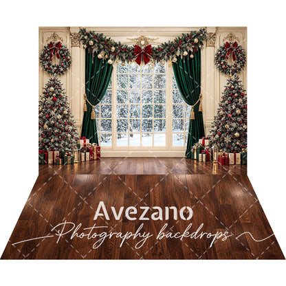 Avezano Green Curtain Christmas Window 2 pcs Set Backdrop