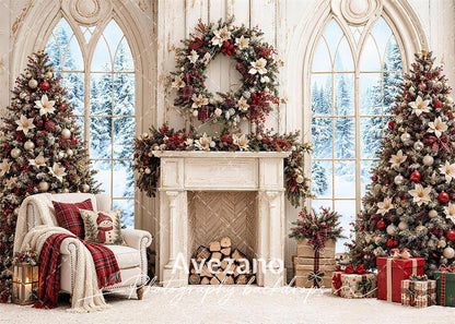 Avezano White Vintage Fireplace Christmas 2 pcs Set Backdrop