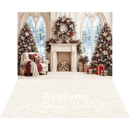 Avezano White Vintage Fireplace Christmas 2 pcs Set Backdrop