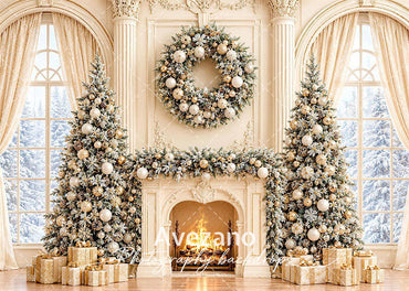 Avezano Cream Luxury Fireplace Christmas 2 pcs Set Backdrop