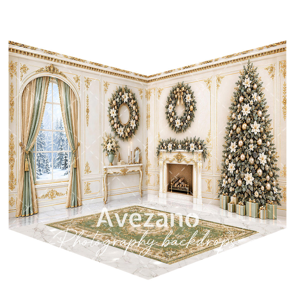 Avezano Luxury Gold Christmas Room Photography Backdrop Scene Room Set