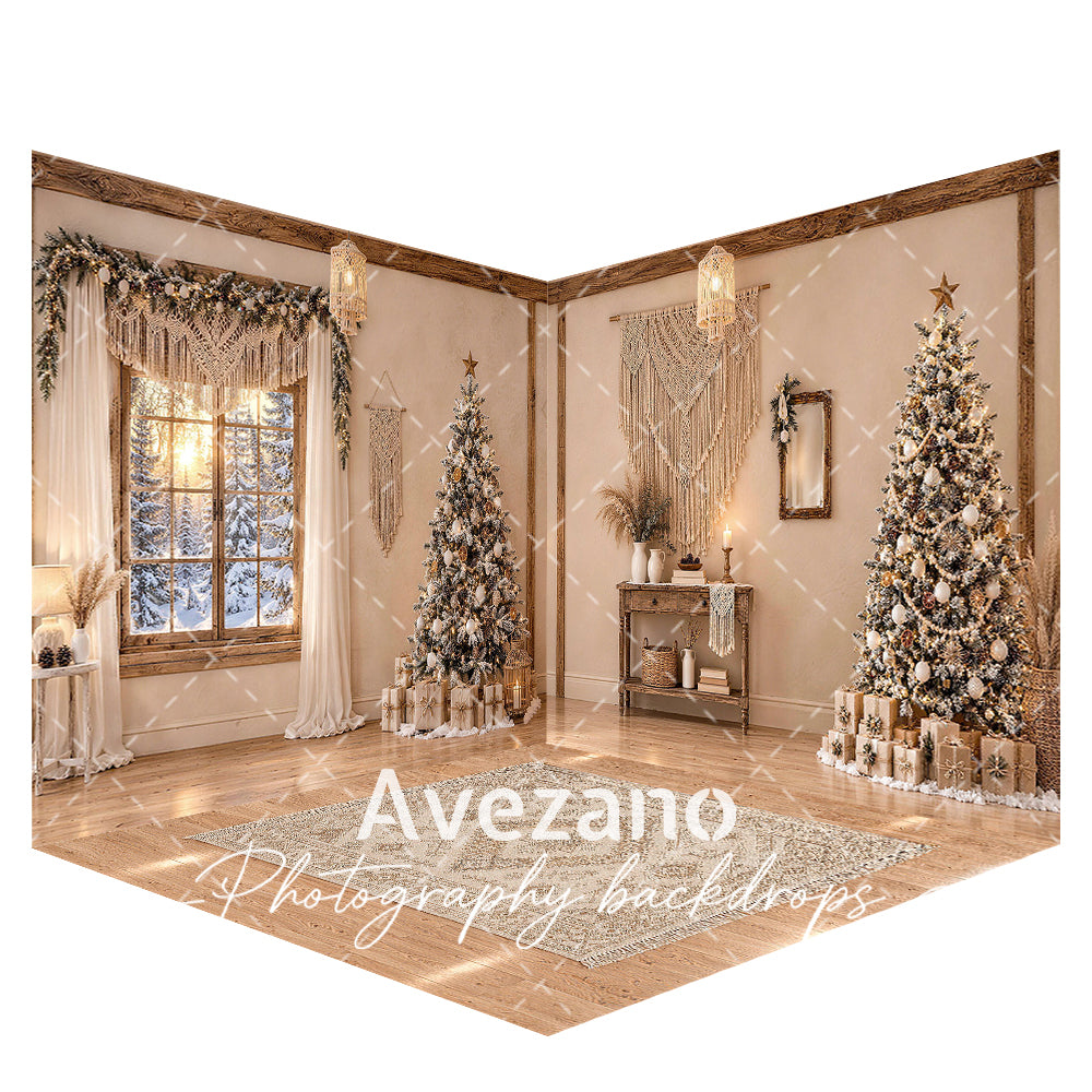 Avezano Boho Wooden Christmas Room Photography Backdrop Scene Room Set