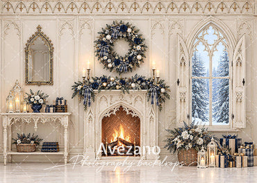 Avezano Gothic Blue Christmas Interior Photography Backdrop Scene Room Set