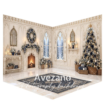 Avezano Gothic Blue Christmas Interior Photography Backdrop Scene Room Set