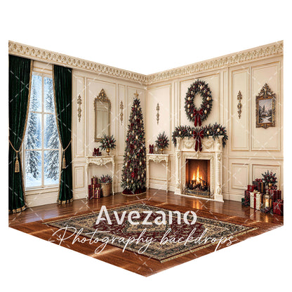 Avezano Classic Green Curtain Christmas Room Photography Backdrop Scene Room Set