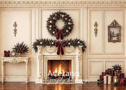 Avezano Cream Christmas Fireplace Interior Photography Backdrop
