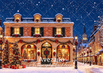 Avezano Snowy Christmas Town Street Photography Backdrop