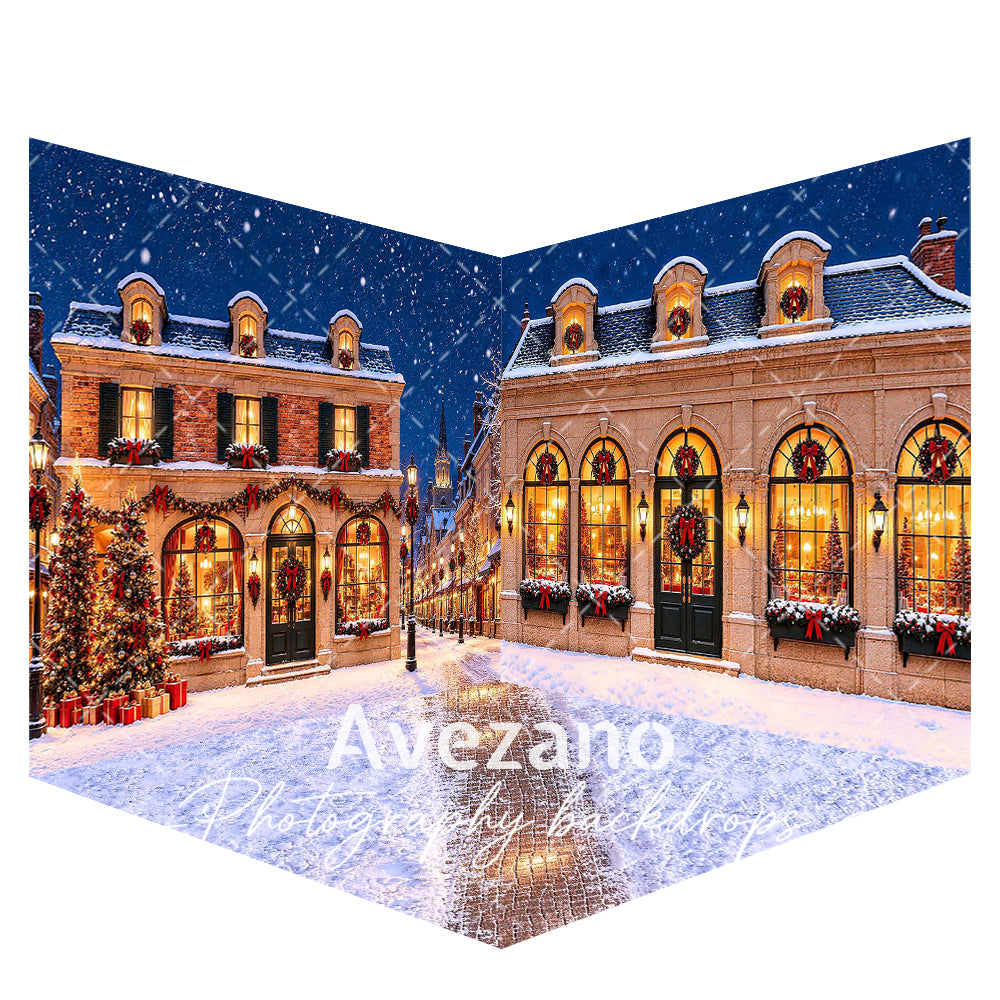 Avezano Snowy Christmas Town Street Photography Backdrop Scene Room Set