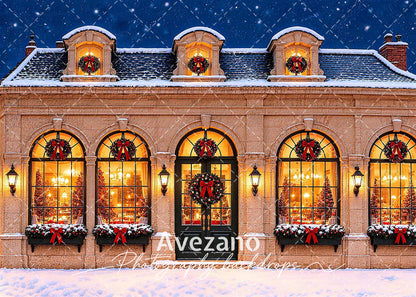 Avezano Snowy Christmas Town Street Photography Backdrop Scene Room Set