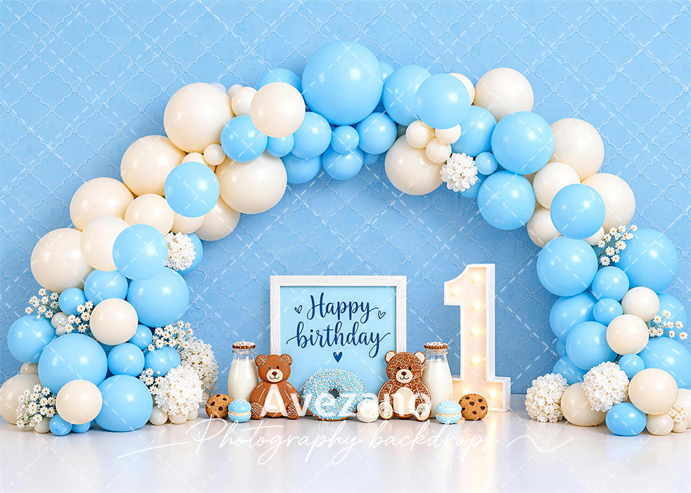 Avezano Blue Bear First Birthday Balloon Photography Backdrop