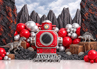 Avezano Red Dinosaur Volcano Train Photography Backdrop