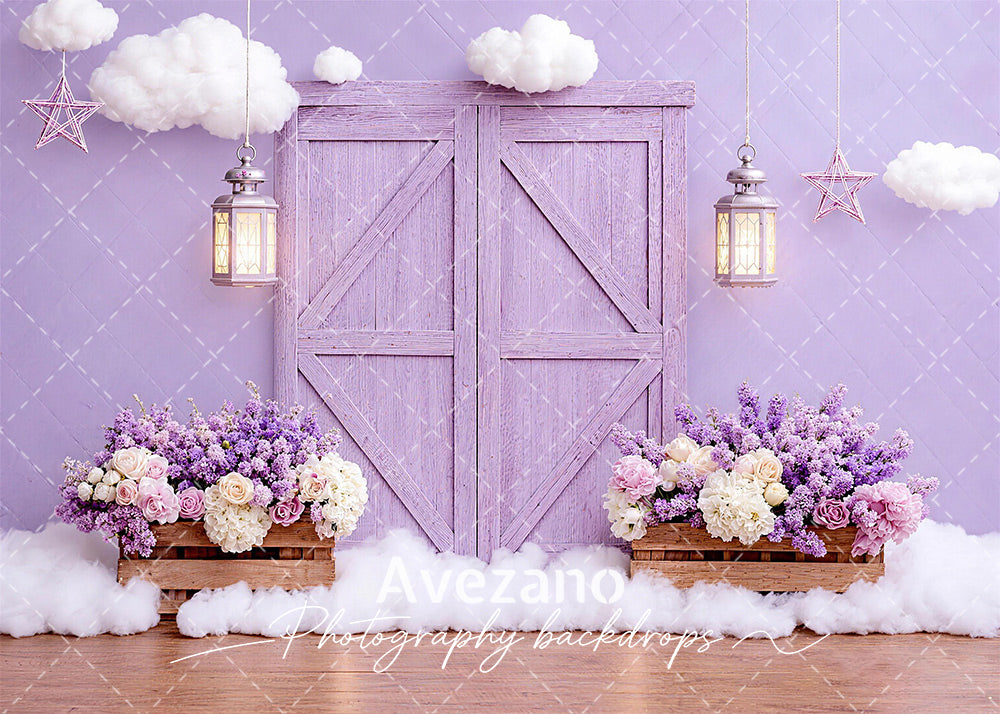 Avezano Purple Floral Barn Door Cloud Photography Backdrop