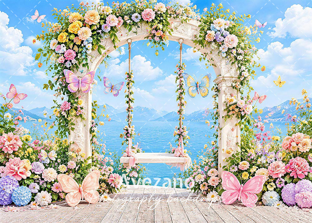 Avezano Floral Arch Swing Butterfly Lakeside Photography Backdrop