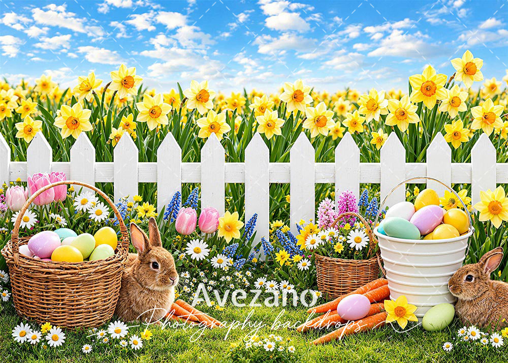 Avezano Daffodil Field Easter Bunny Fence Photography Backdrop