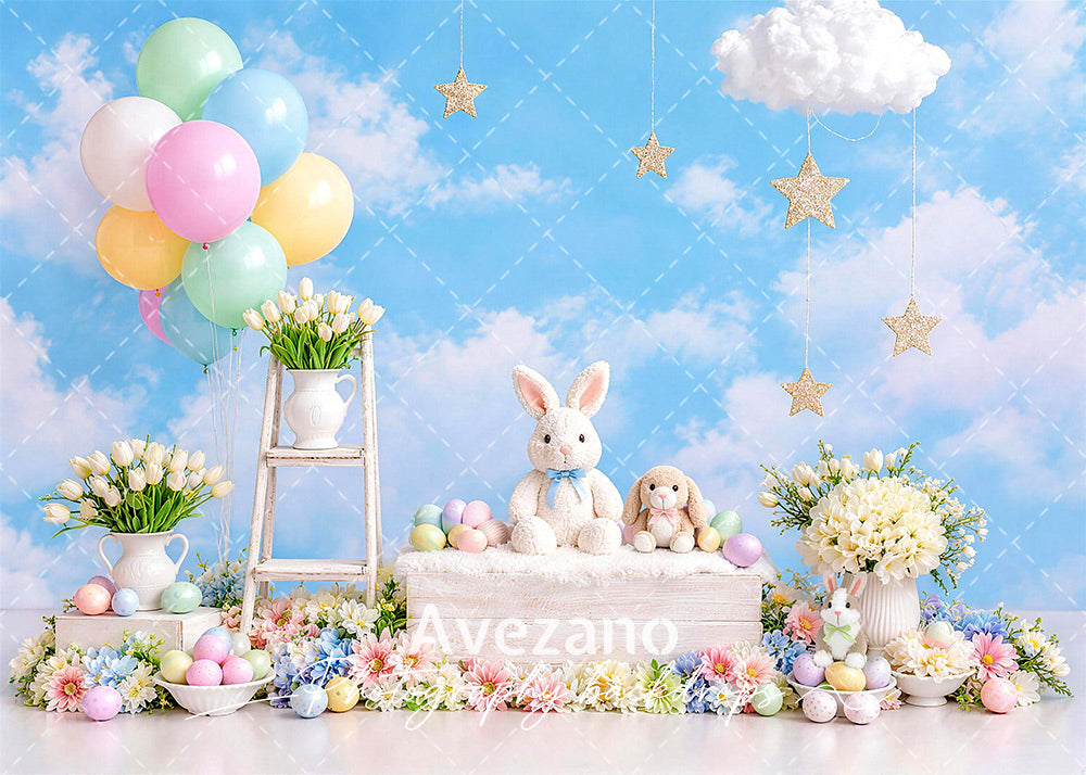 Avezano Pastel Balloon Cloud Easter Bunny Photography Backdrop