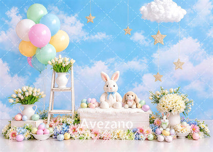 Avezano Pastel Balloon Cloud Easter Bunny Photography Backdrop
