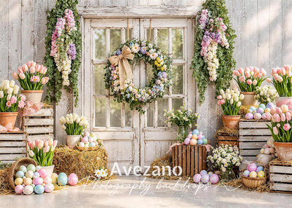 Avezano Rustic Wooden Door Tulip Easter Wreath Photography Backdrop