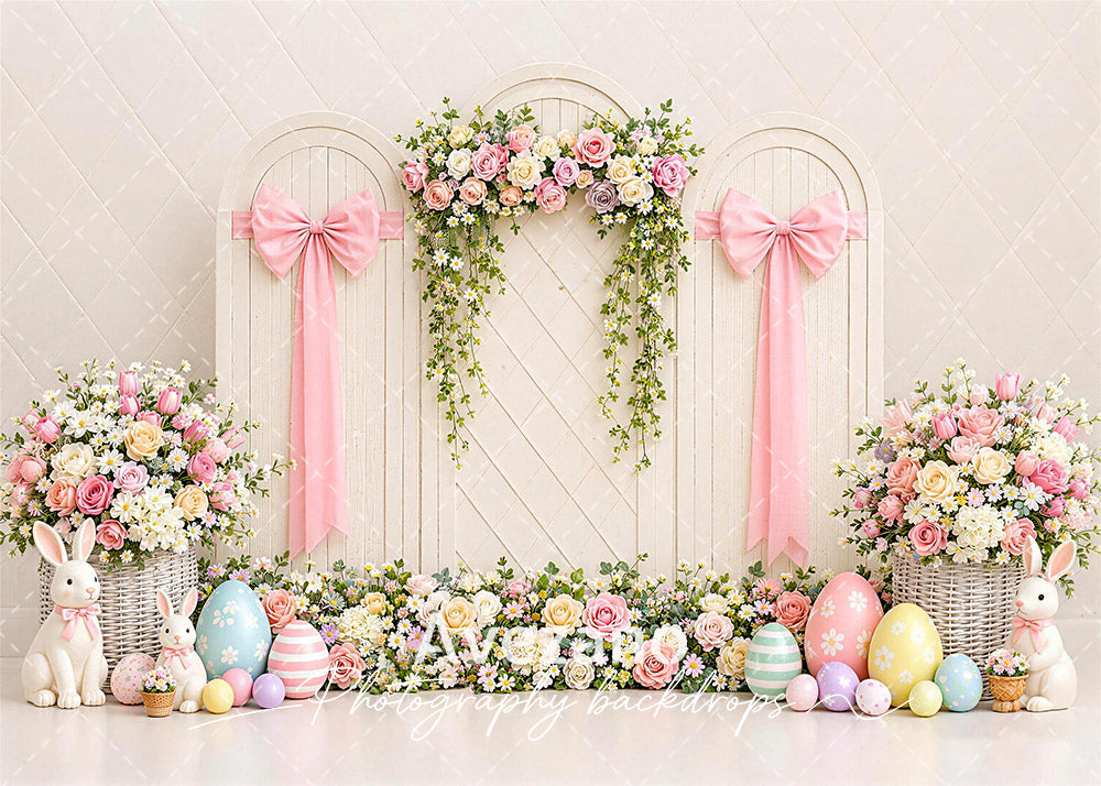 Avezano Pink Bow White Arch Bunny Rose Easter Photography Backdrop
