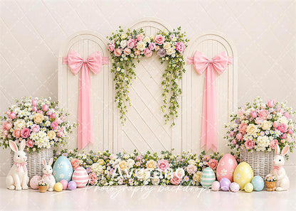 Avezano Pink Bow White Arch Bunny Rose Easter Photography Backdrop
