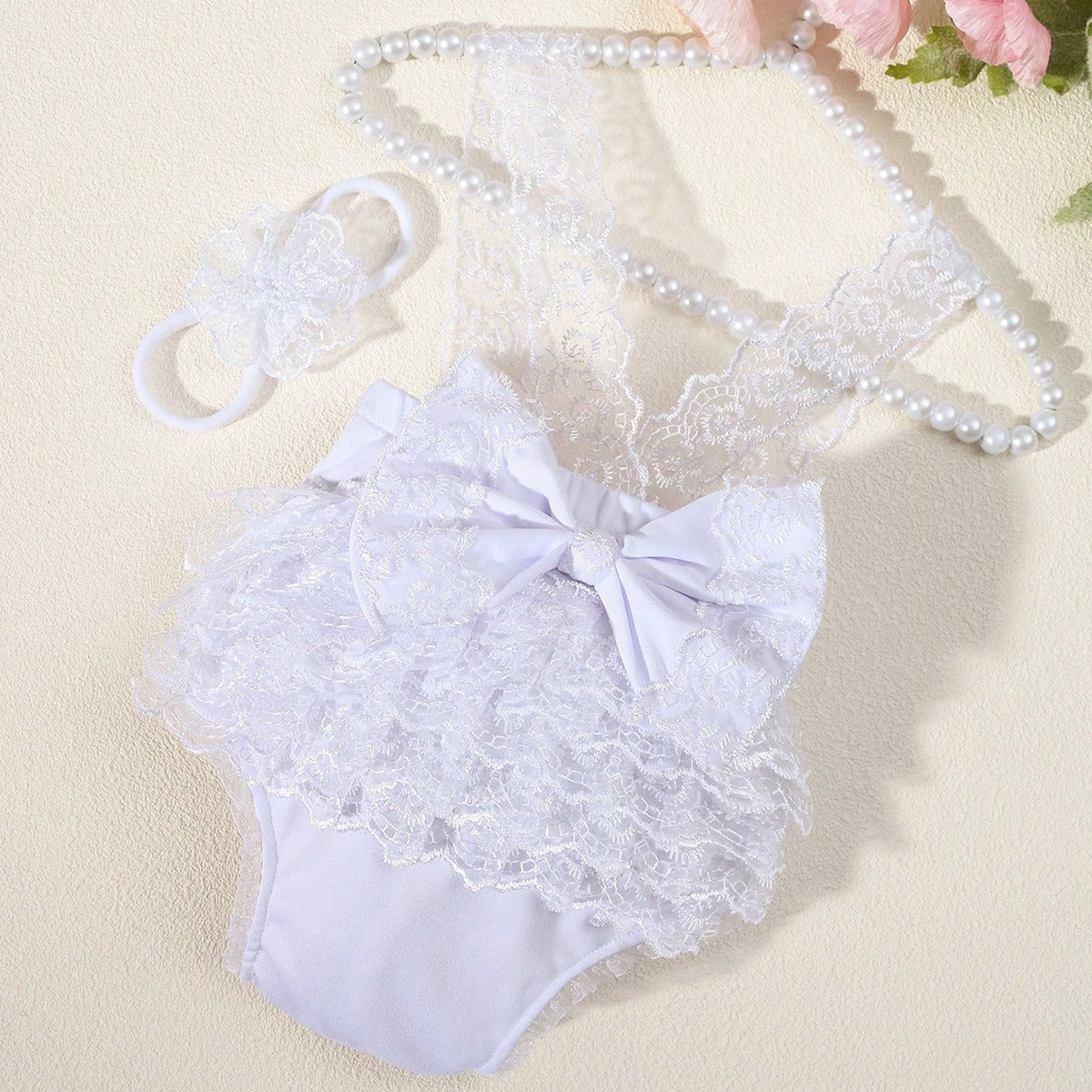 Avezano Newborn Lace Open Back Ruffle Princess Dress Photo Prop