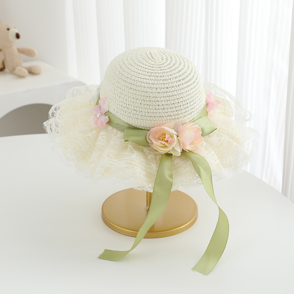 Avezano Girls Lace Flower Straw Hat with Ribbon Kids Photography Prop