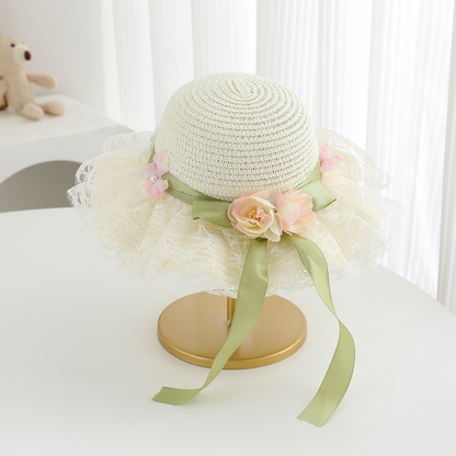 Avezano Girls Lace Flower Straw Hat with Ribbon Kids Photography Prop