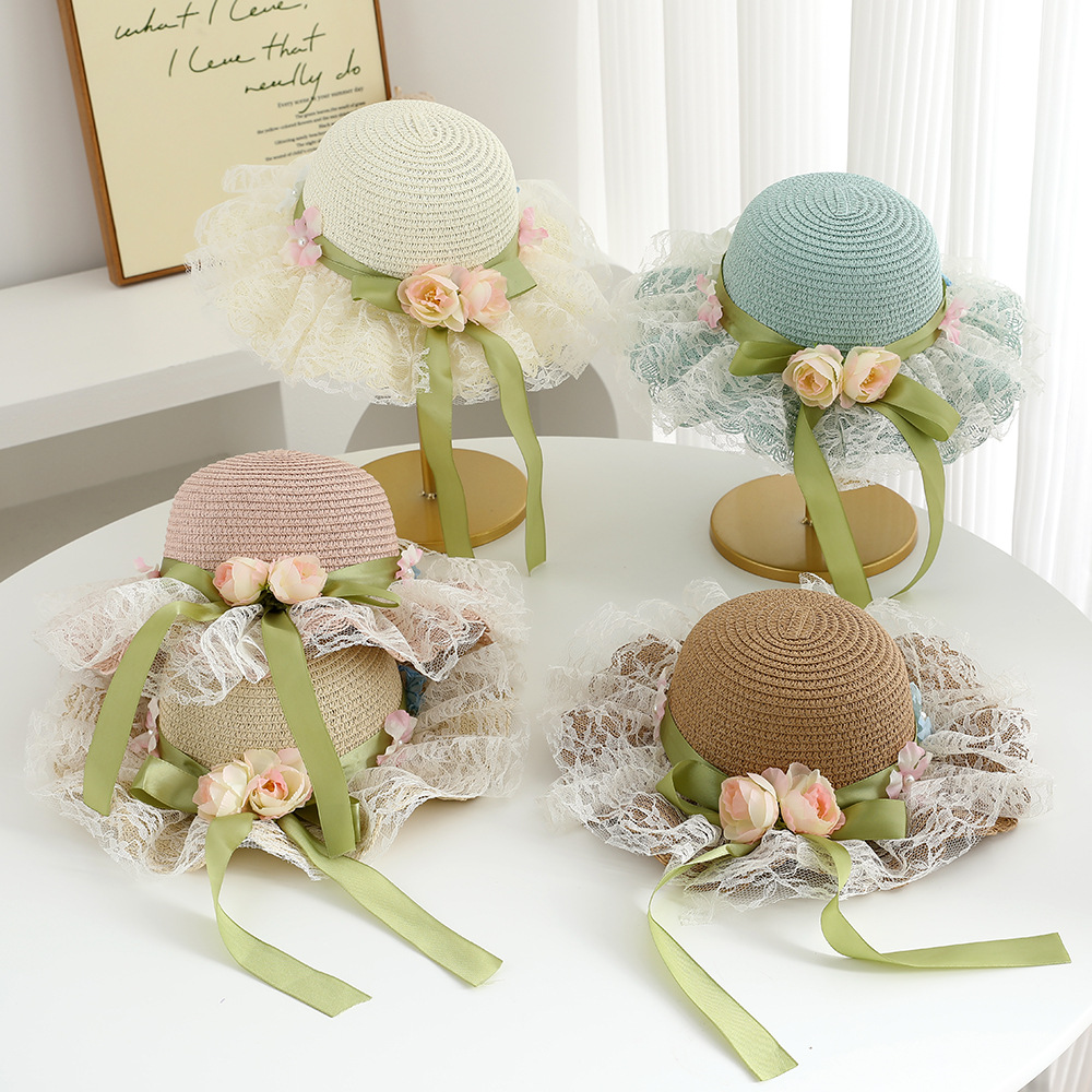 Avezano Girls Lace Flower Straw Hat with Ribbon Kids Photography Prop