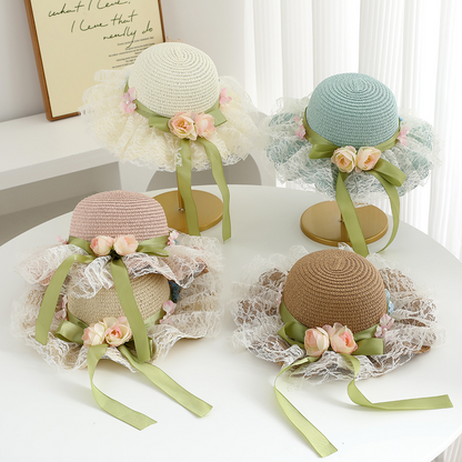 Avezano Girls Lace Flower Straw Hat with Ribbon Kids Photography Prop