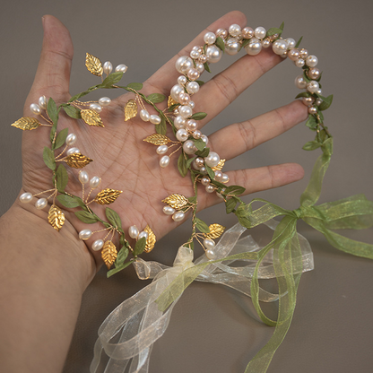 Avezano Green Leaf Pearl Wreath Hair Band With Ribbon Bohemian Photo Props