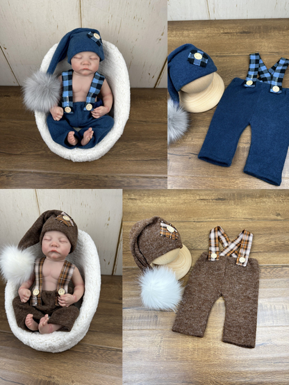Avezano Newborn Photography Set: Knit Hat and Overalls