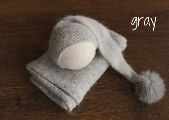 Avezano Newborn Knit Stretch Swaddle with Pom Pom Hat Photography Props