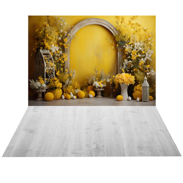 Avezano Easter Yellow Wall and Flowers 2 pcs Set Backdrop