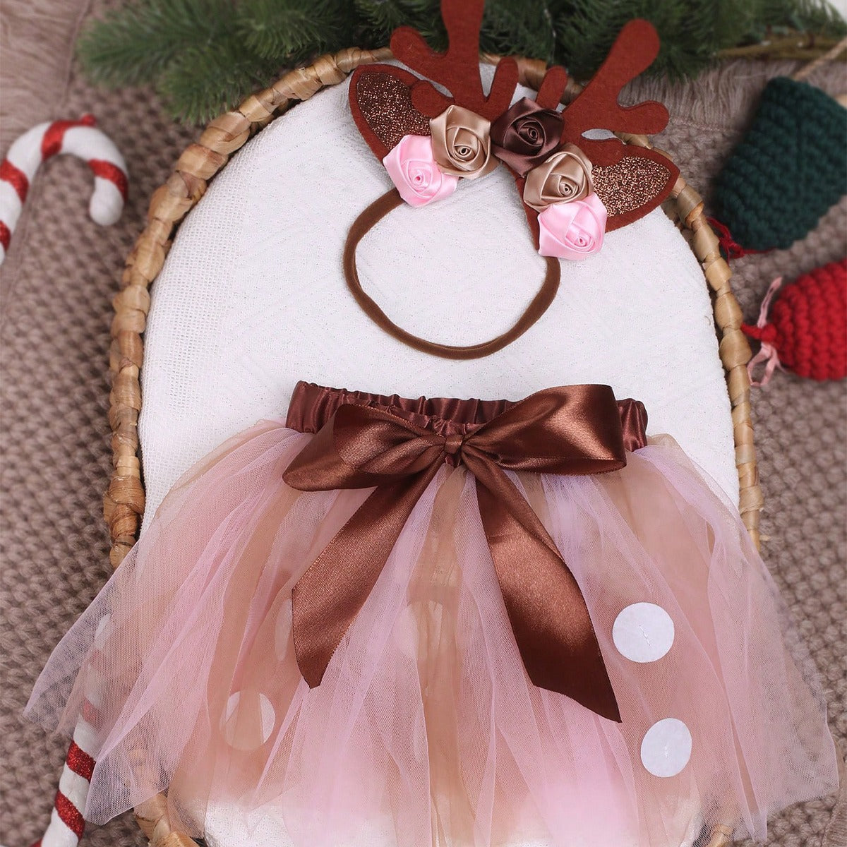 Avezano Newborn Tulle Tutu Skirt & Christmas Elk Flower Headband Set