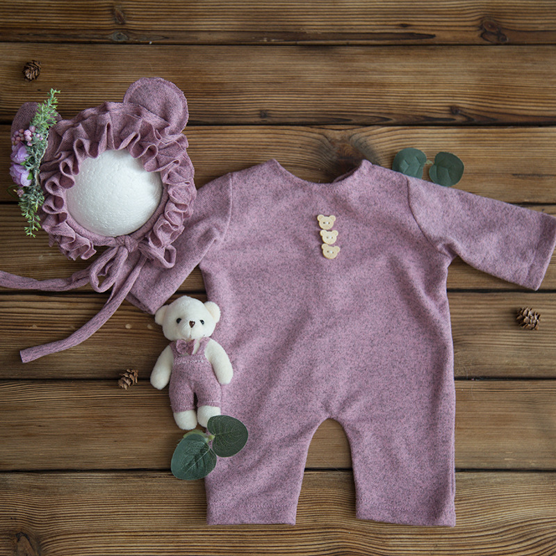 Avezano Newborn Romper Floral Hat and Bear Doll Photo Prop Set
