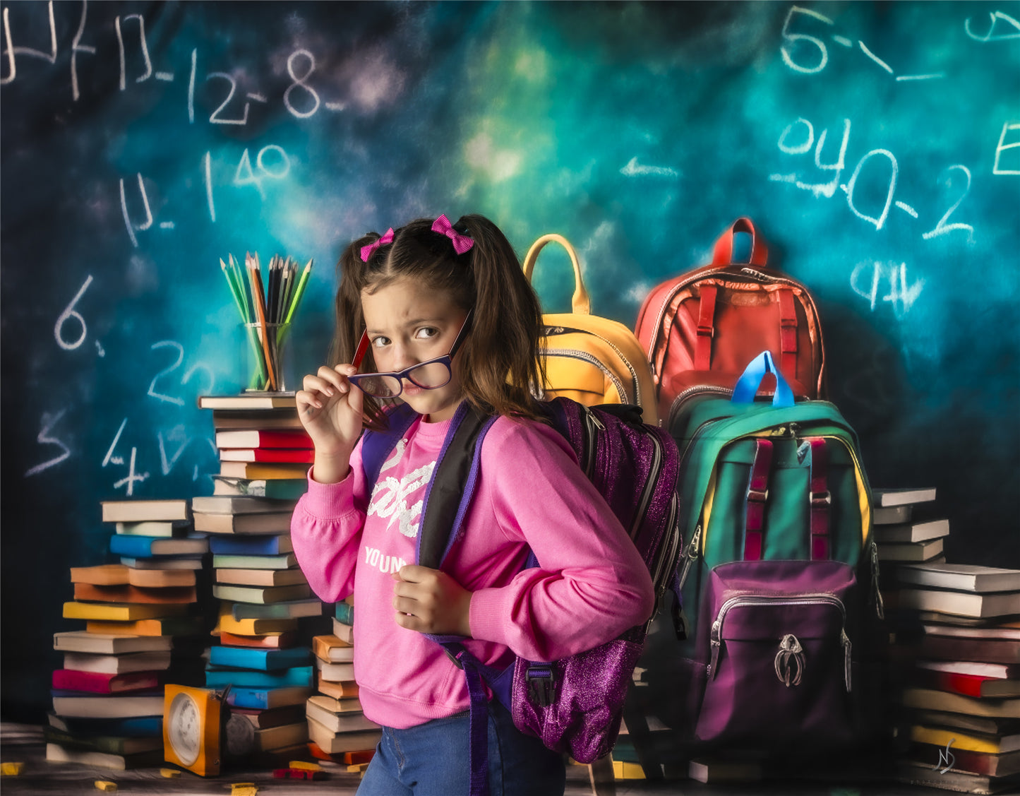 Toile de fond pour photographie de sacs d'école et de livres Avezano pour la rentrée scolaire