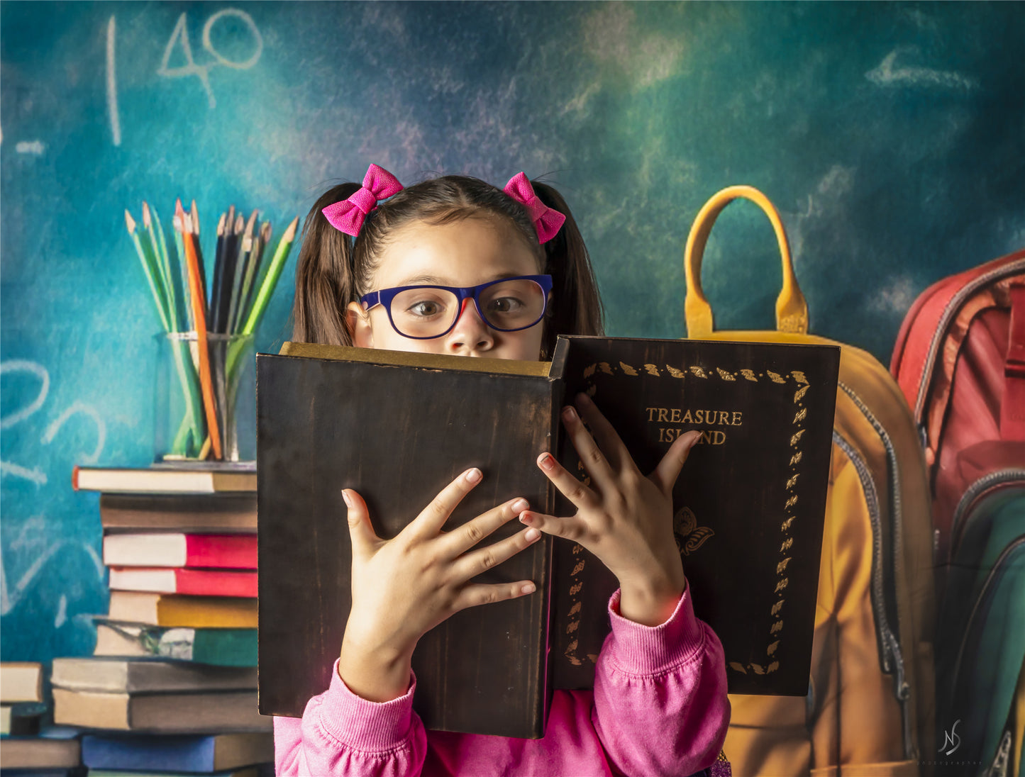 Toile de fond pour photographie de sacs d'école et de livres Avezano pour la rentrée scolaire