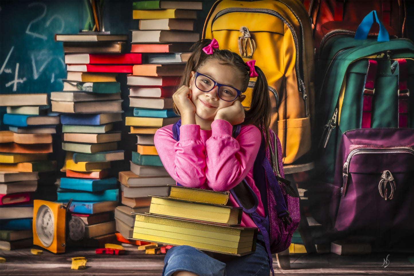 Toile de fond pour photographie de sacs d'école et de livres Avezano pour la rentrée scolaire